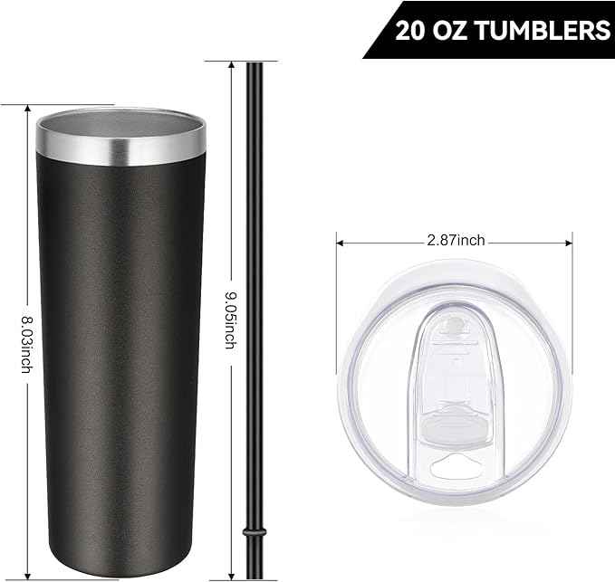 VEGOND Stainless Steel Tumblers Bulk 12 Pack, 20 oz Vacuum Insulated Skinny Tumblers with Lids and Straws, Double Wall Coffee Mug, Travel Water Cup, Black