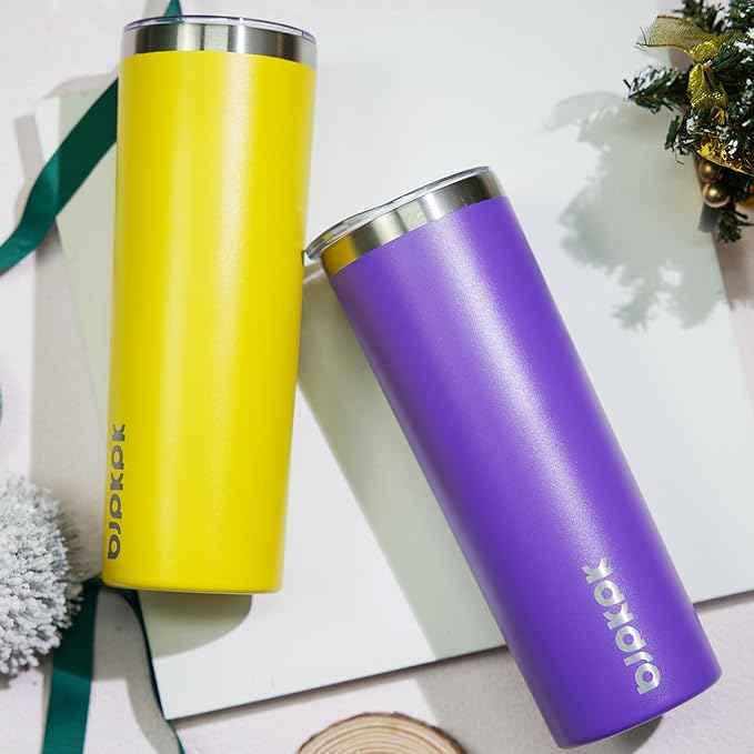 BJPKPK 20 oz Skinny Tumbler with Lid 2 Pack Slim Insulated Travel Coffee Cup Stainless Steel Thermal Mug,Purple,Goldenrod