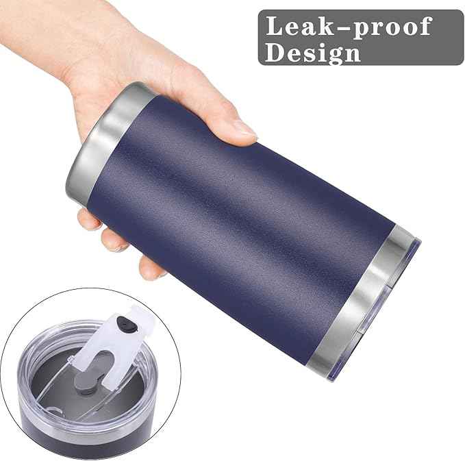 20oz Tumbler with Lid, Stainless Steel Vacuum Insulated Double Wall Travel Mug, Coffee Mug, with Straws and Straws Brush Reusable Coffee Cup (Navy Blue)