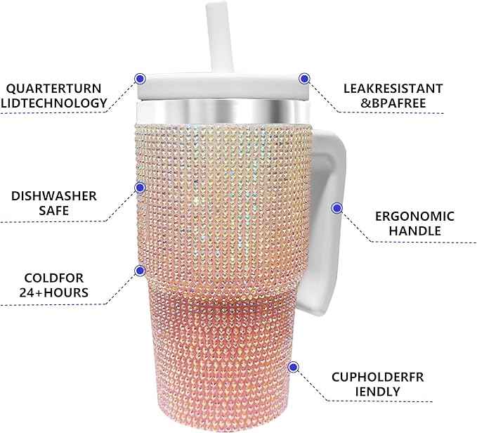 2PCS 20-OZ Insulated Water Bottle,Insulated Stainless Steel Tumbler,Reusable Cold Drink Thermos,BPA-Free, Double-Wall Stainless Steel Water Bottle (Pink White Gradient-Diamonds, 20, Fluid Ounces)