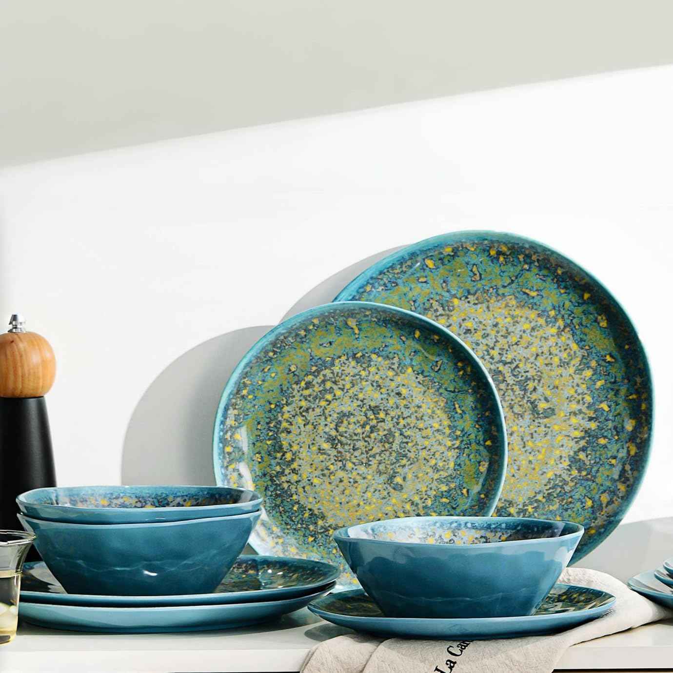 FINE&NICE Melamine Dinnerware Set of 12Pcs, Dish Set for 4, Lightweight Unbreakable Plates and Bowls Set, Great for RVs Camping, Dishwasher Safe,Rusty Blue