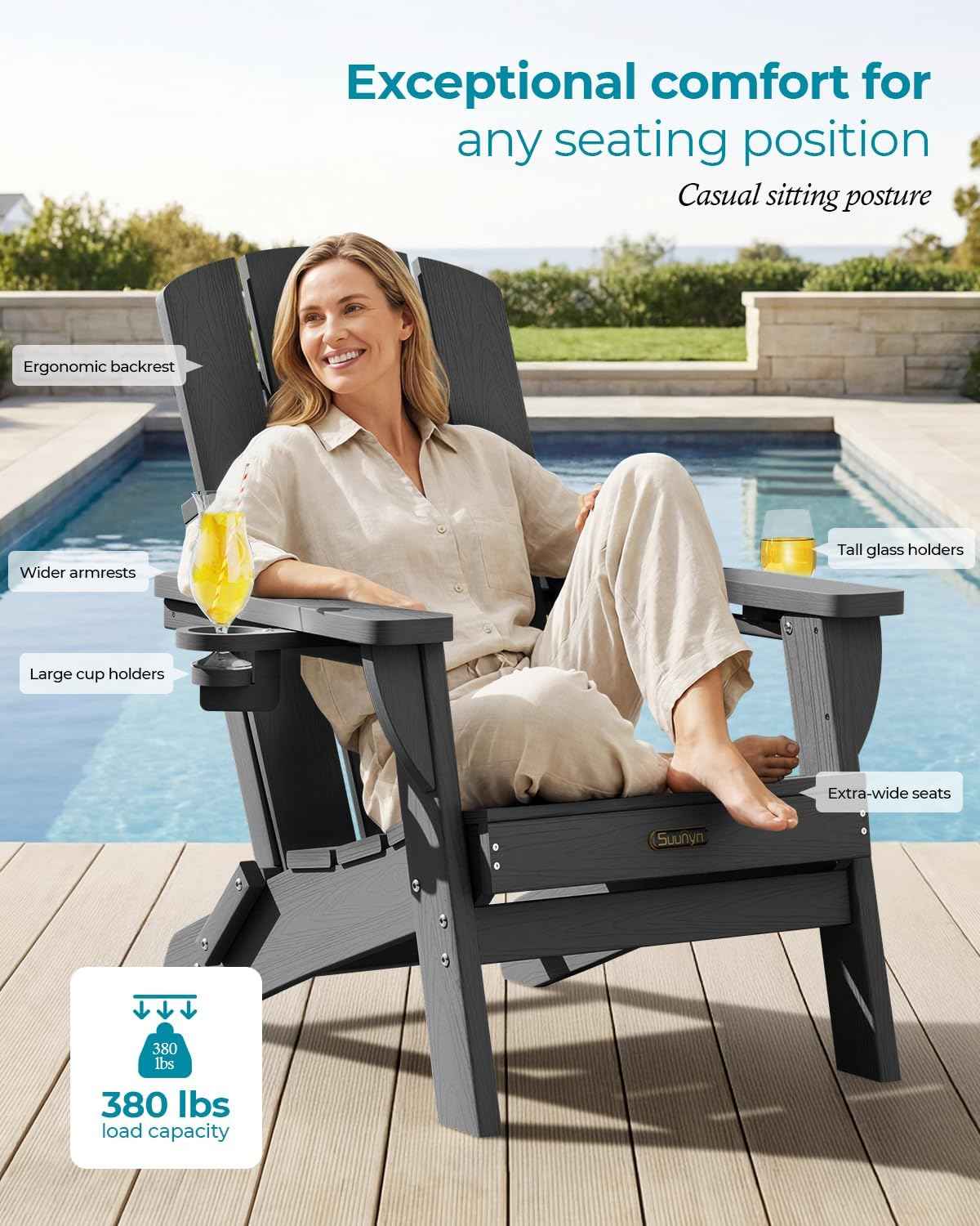 Folding Adirondack Chair, HDPE All-Weather Fire Pit Chairs, Plastic Adirondack Chairs with 2 Cup Holder, Outdoor Lawn Chair for Patio Garden (Grey)