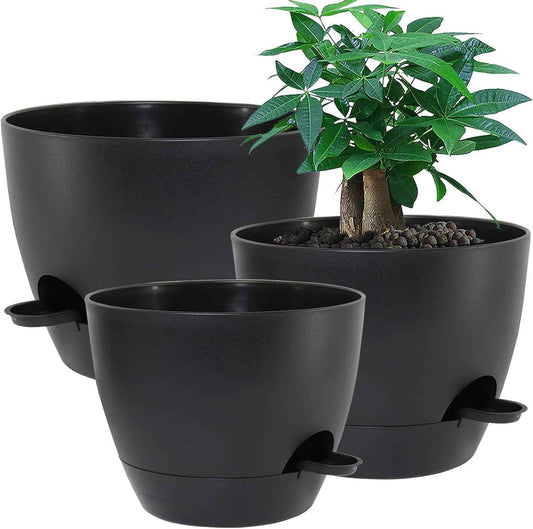 UOUZ Large Self Watering Pots, 12/10/9 Plastic Planters with High Drainage Holes and Deep Reservoir for Indoor Outdoor Garden Plants and Flowers, Black