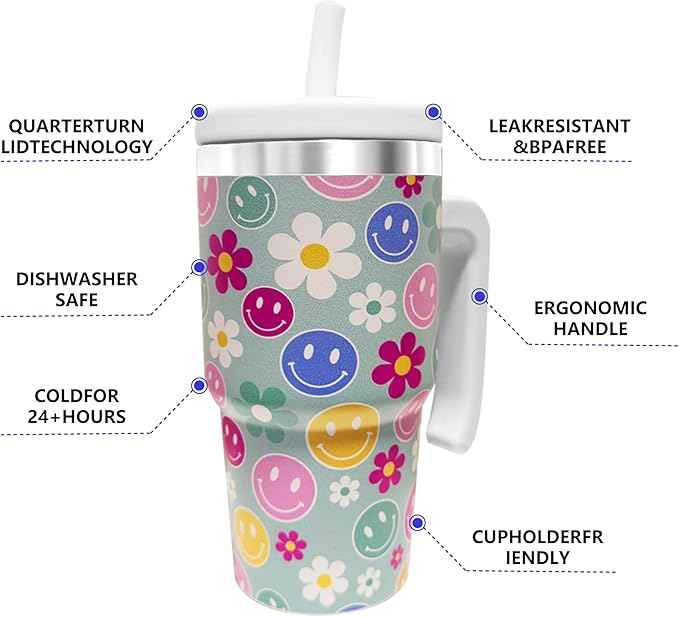 20-OZ Insulated Water Bottle,Insulated Stainless Steel Tumbler,Reusable Cold Drink Thermos,BPA-Free, Double-Wall Stainless Steel Water Bottle (Green-Simleyface Flower, 20, Fluid Ounces)