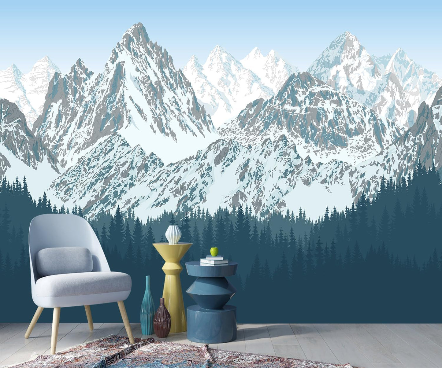 -Forest Snow Mountain Peaks Blue Sky Wallpaper Bedroom Living Room XT09 S 100" x 65"