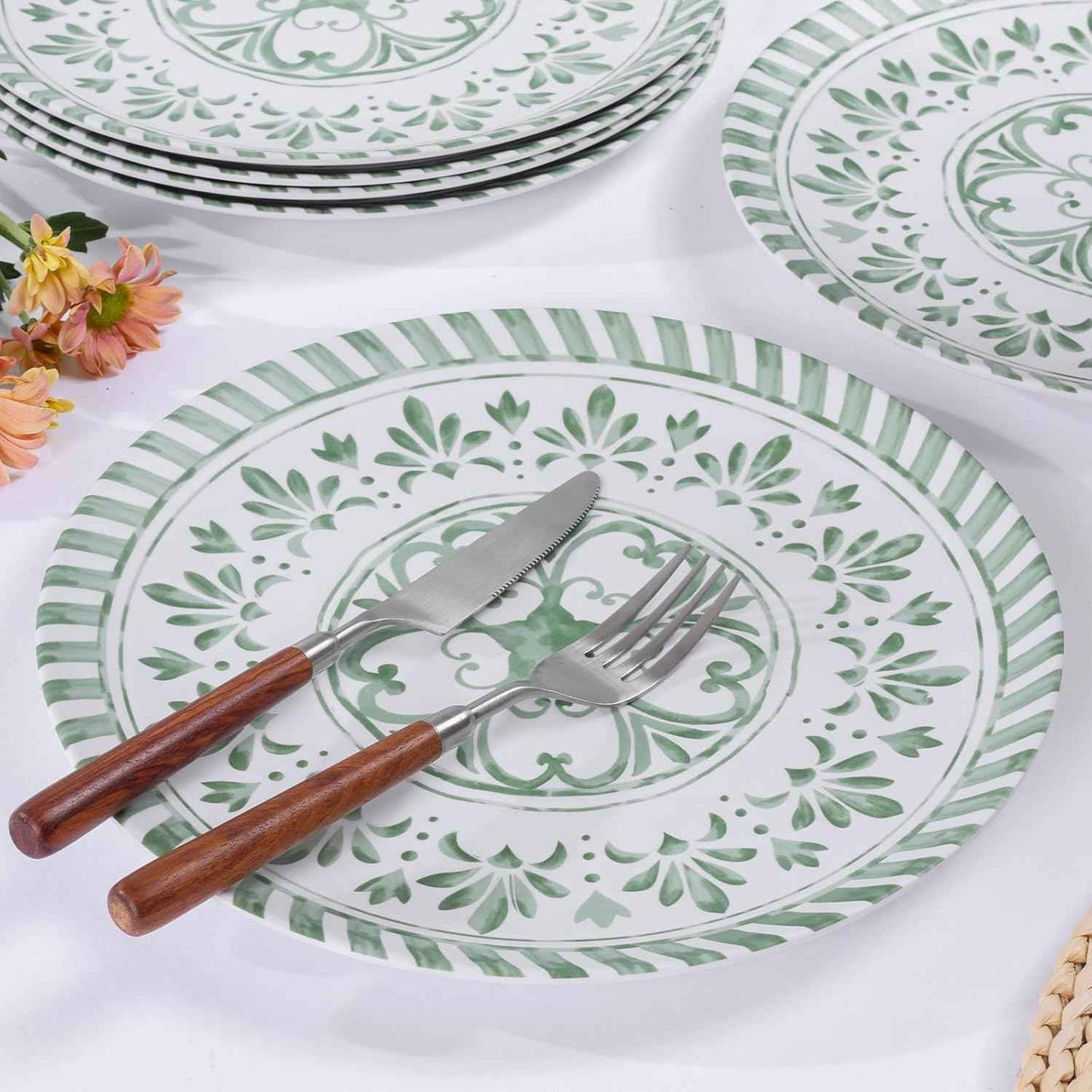 Melamine Dinner Plate, 10.75 Inch Plates Set, 6pcs Dishes Sets,Outdoor Plates with Embossed Design, Unbreakable,Durable&Lightweight,Dishwasher Safe,Green and White Plate