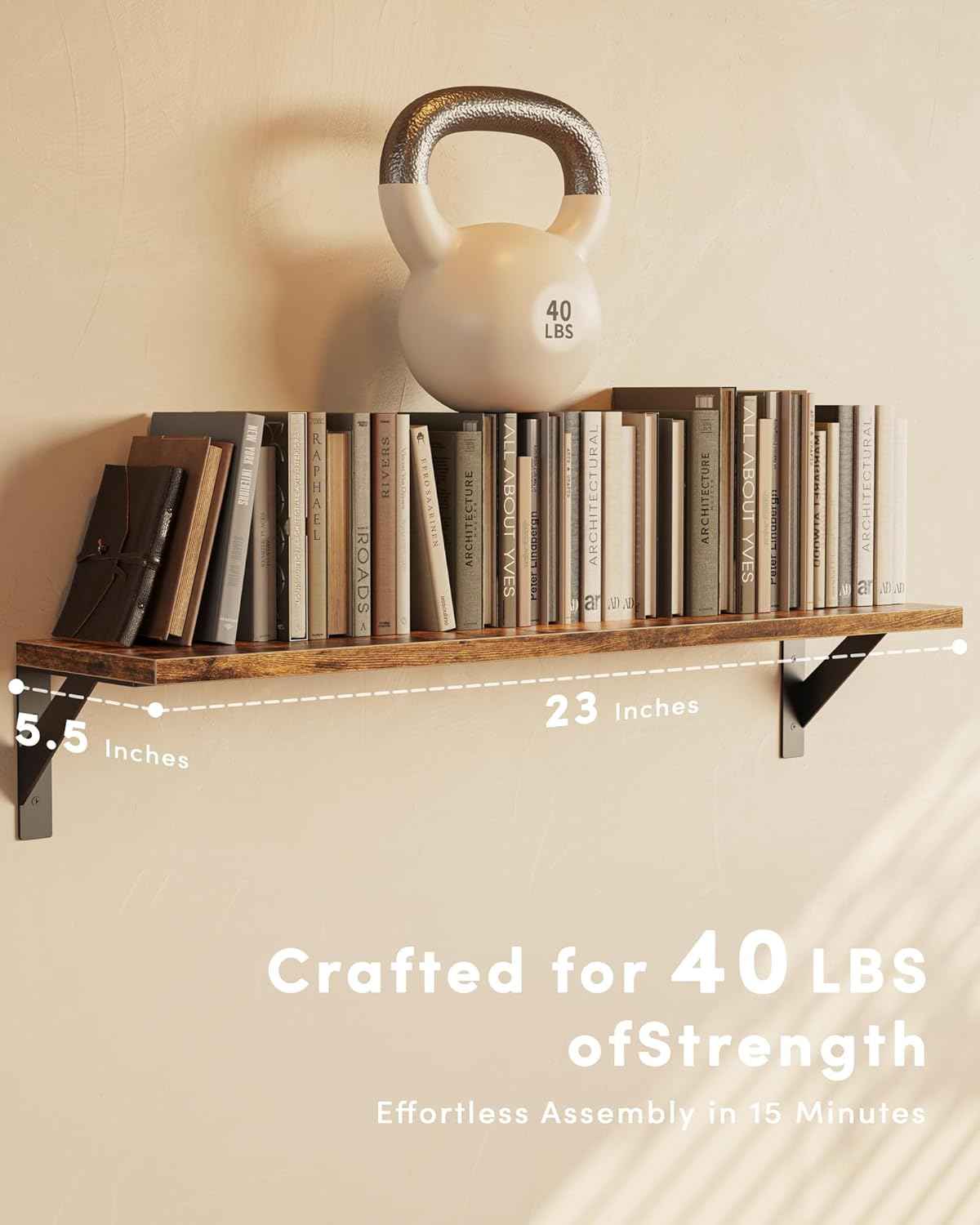Floating Shelves for Wall, Wall Mount Book Shelf, Hanging Shelves, Wall Bookshelf for Bedroom, Office, Living Room (Rustic Brown, 23 Inches)