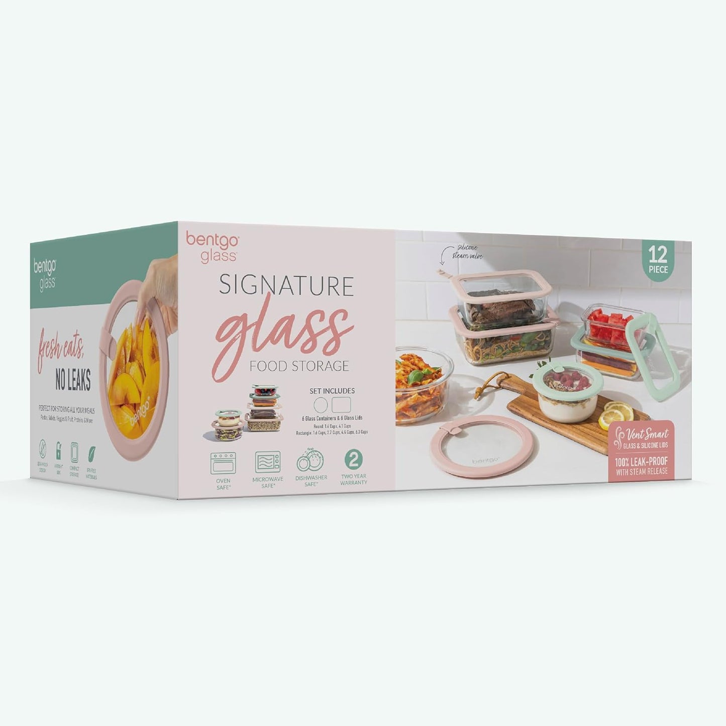Bentgo Signature Leak-Proof Glass Food Storage - 12-Piece Set, 1-Compartment Meal Prep Plastic-Free Containers, Airtight Glass Lids, BPA-Free, Microwave, Freezer, Oven, Dishwasher Safe (Desert Sage)