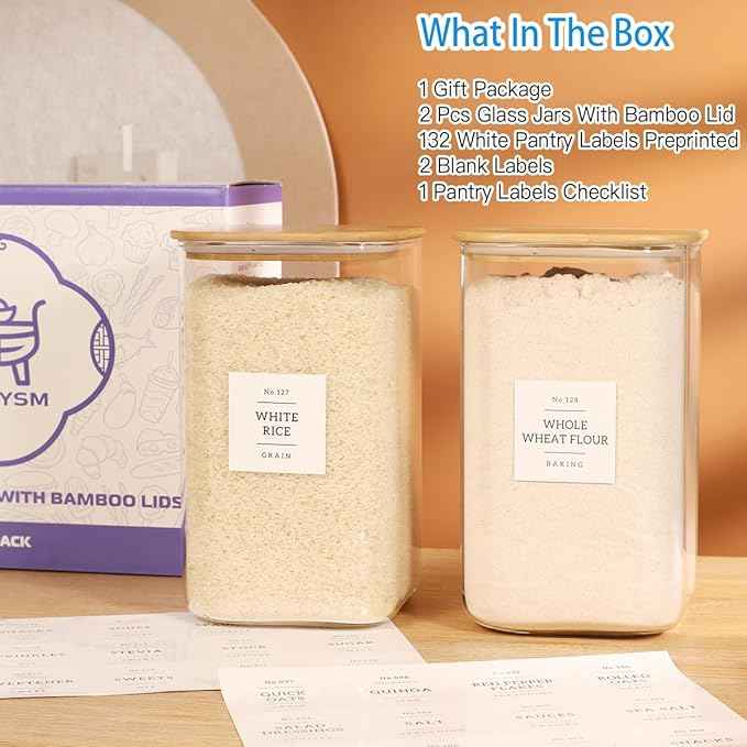 2 Pack large Square Glass Flour and Sugar Containers with 132 Kitchen Pantry Labels - Thicken 149 floz Glass Storage Jars with Airtight Bamboo Lid - Big Rice Canisters for Coffee, Pasta, Cereal