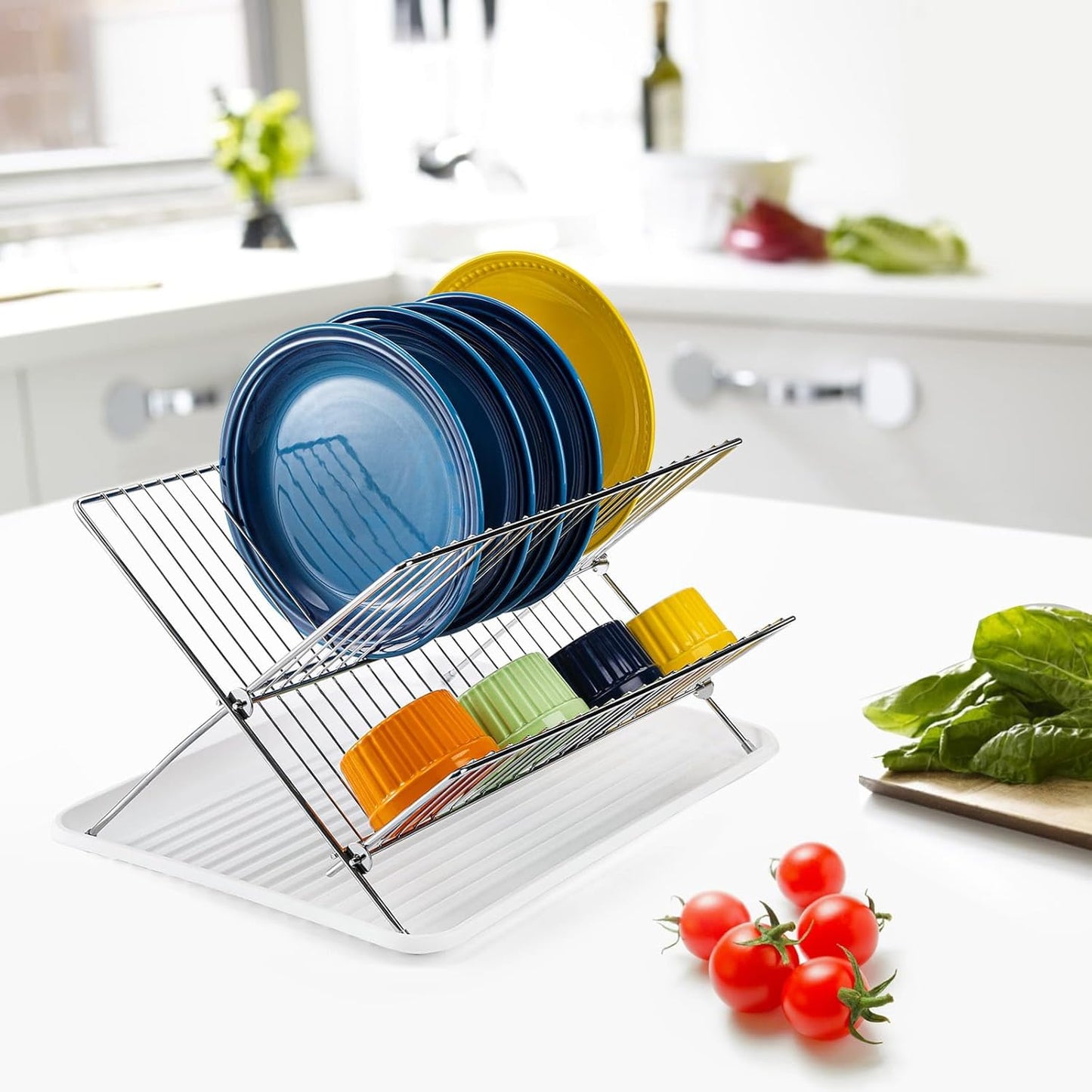 Youeon Foldable Dish Drying Rack with Drip Tray, Stainless Steel 2 Tier Dish Drainer Rack, Collapsible Dish Drainer, Folding Dish Rack for Kitchen Sink, Countertop, Cutlery, Plates, Dishes