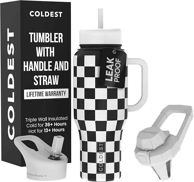 Coldest Tumbler with Handle and Straw - 100% Spill Proof Tumbler with Straw (3 Lids) - Stainless Steel Insulated Leakproof Tumblers for Women & Men - 36 oz (Black and White Checkers)
