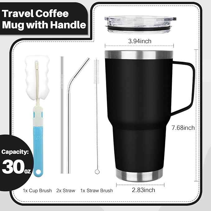 30 oz Stainless Steel Insulated Tumbler with Handle, Lid and Straw, Double Wall Vacuum Insulated Coffee Mug Tumbler, Insulated Coffee Thermal Cup for Cold and Hot (Black)
