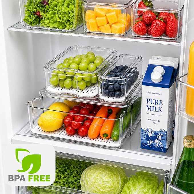 SMRCAD 6 Pack Refrigerator Organizers, Clear Pull-out Drawer Container and Organizer Bins with Lids, Stackable Storage Containers for Fruits, Vegetable (Set of 6 (Include Pull Out Drawer))