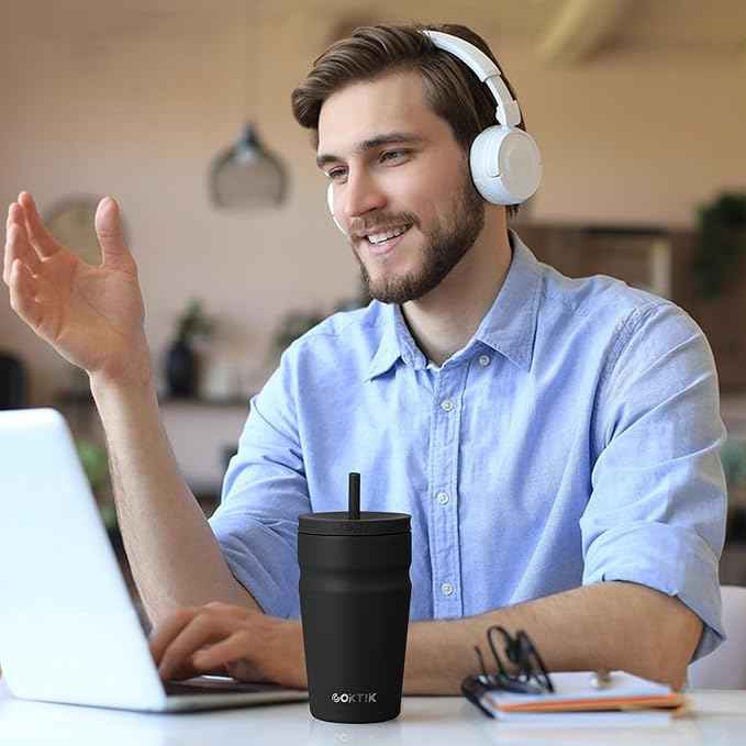 COKTIK 24oz Insulated Tumbler with Lid and Straw Iced Coffee Cup Reusable Stainless Steel Travel Mug Water Bottle Cupholder Friendly for Women Men Her Him (Bay Leaf)