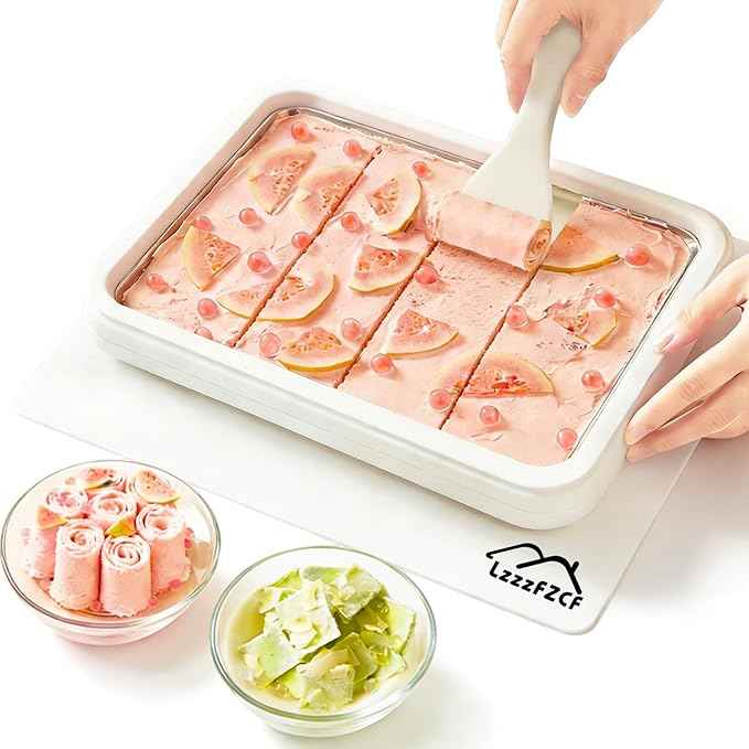 Rolled Ice Cream Maker - 304 Stainless Steel Cool Plate with 2 Spatulas and Lid, Instant DIY Ice Cream Roller Tray for Family Fun (White)