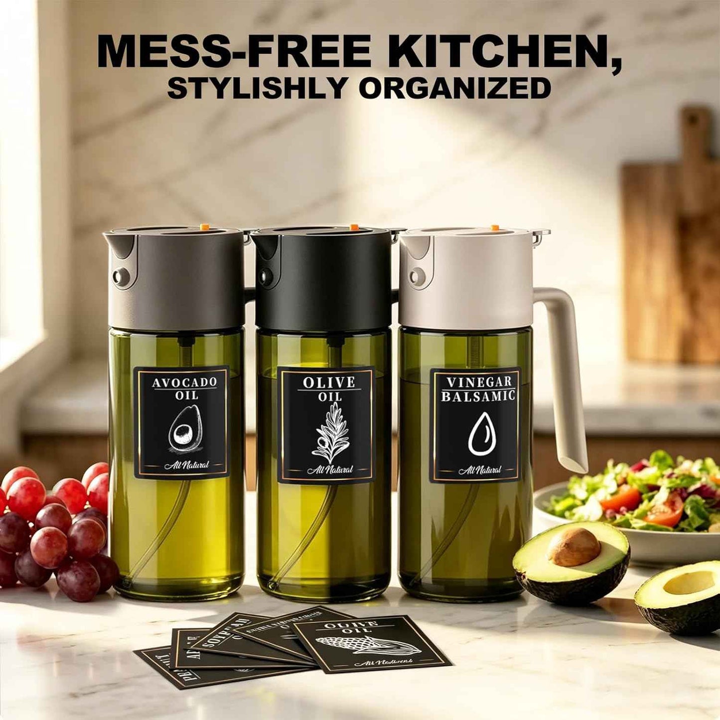 2-IN-1 500ml/17oz Light-Blocking Dark Oil Sprayer for Cooking with Sticker, Dark Green Glass Olive Oil Dispenser Bottle for Kitchen, Even Spray with Portion Control, Perfect for Air Fryer, BBQ - Black