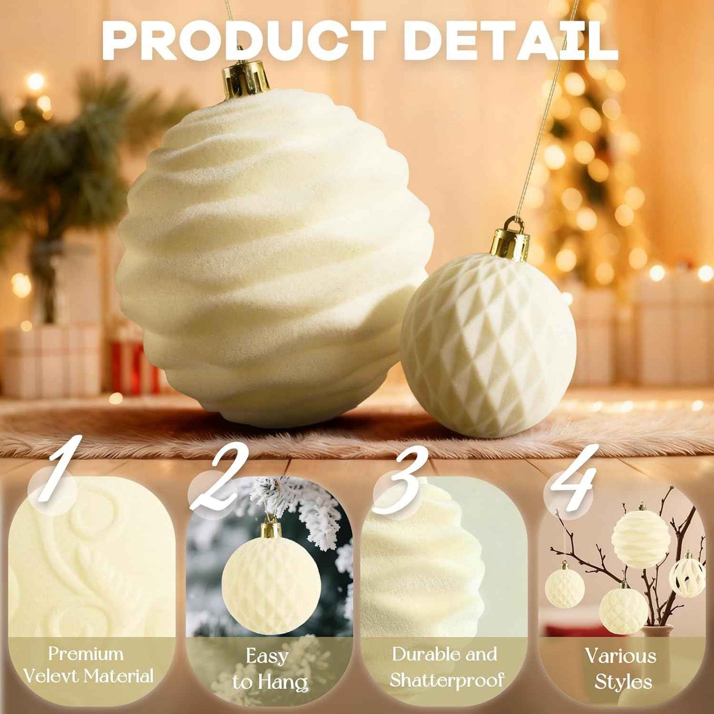 18Pcs Velvet Christmas Tree Ornaments Set, White Flocked Hanging Christmas Balls Ornaments, Shatterproof Decorative Hanging Balls Decorations Assortment for Xmas Tree Holiday Winter Home Party Decor