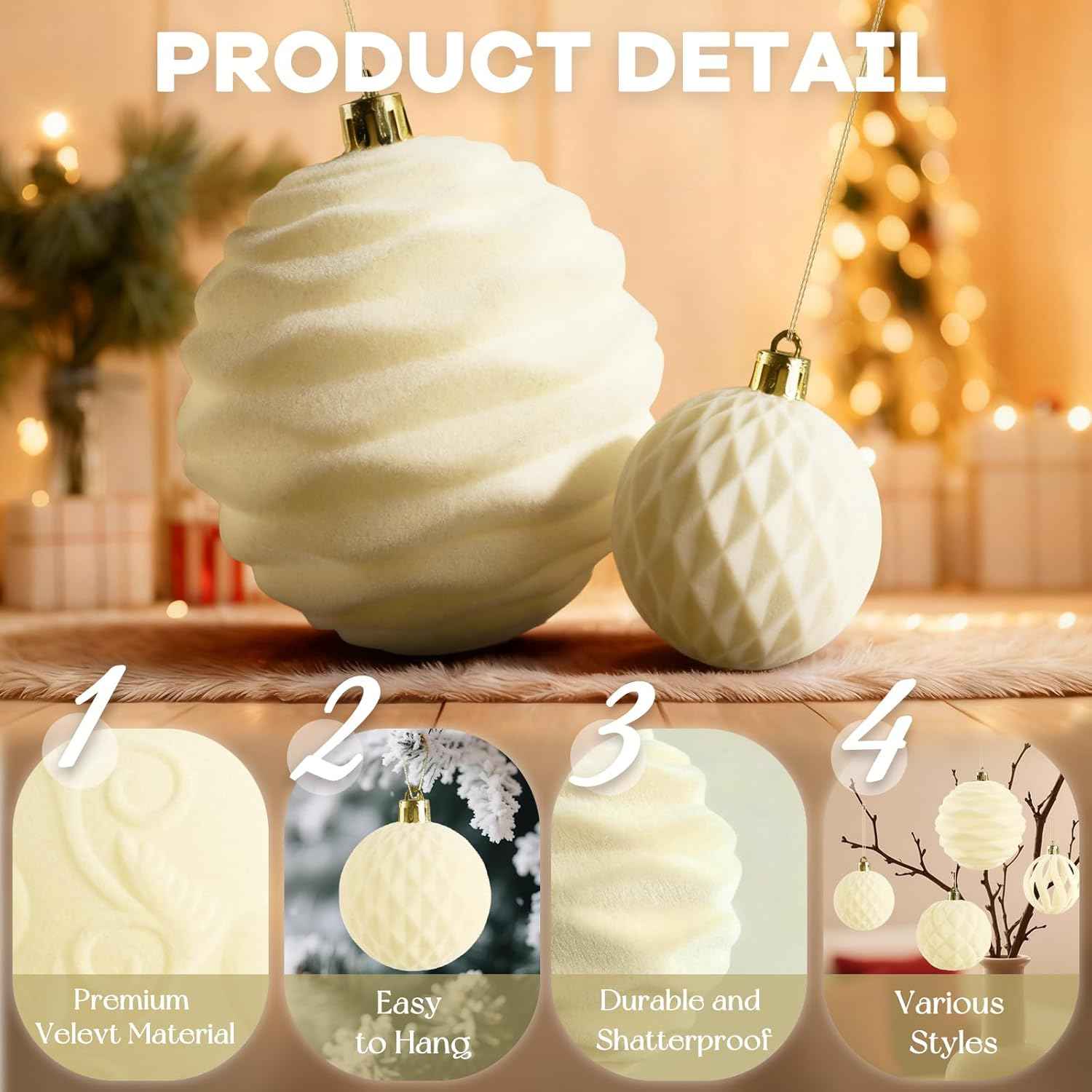 18Pcs Velvet Christmas Tree Ornaments Set, White Flocked Hanging Christmas Balls Ornaments, Shatterproof Decorative Hanging Balls Decorations Assortment for Xmas Tree Holiday Winter Home Party Decor