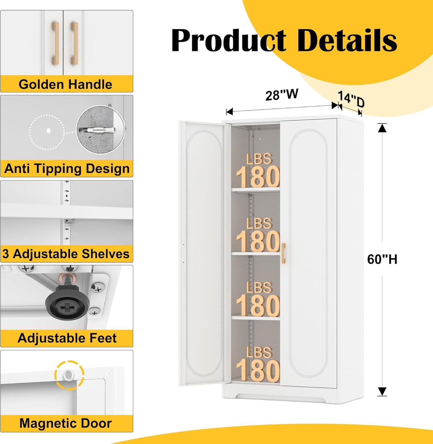 Kitchen Pantry Cabinet,60”Metal White Storage Cabinets with Doors and Shelves,Tall Cabinet with 2 Gold Hands for Dinning Room,Living Room