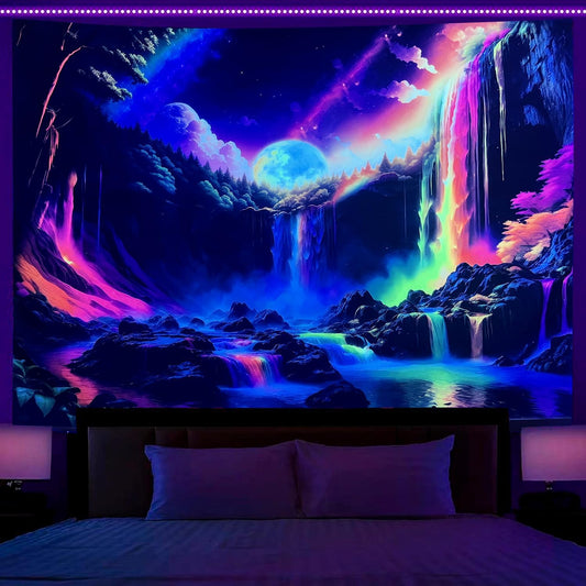 OSVINO Blacklight Rainbow Waterfall Tapestry 59"x51" UV Reactive Trippy Wall Hanging Rainbow Aesthetic Waterfall Wall Posters Bedroom Spiritual Room Decor