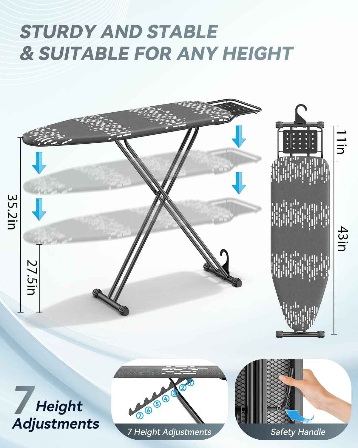 Ironing Board Full Size 54"x13" - Adjustable Height Foldable Iron Board with Iron Rest, Heat-Resistant Cover & Ultra Thick Padding - Heavy-Duty Sturdy Design, Space-Saving Ironing Table (Grey)