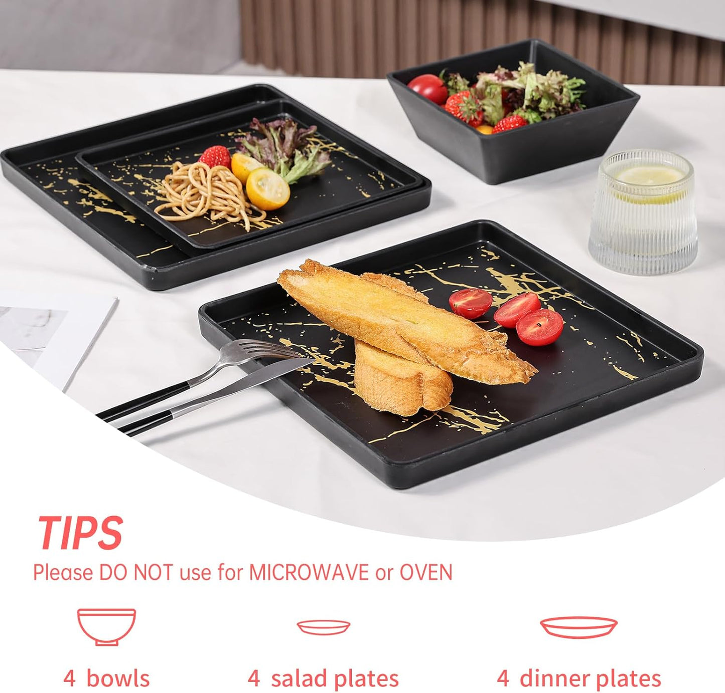 Melamine Dinnerware Sets - 12pcs Square Plates and Bowls Sets For 4, Indoor Outdoor Use, Dishwasher Safe, Black & Gold