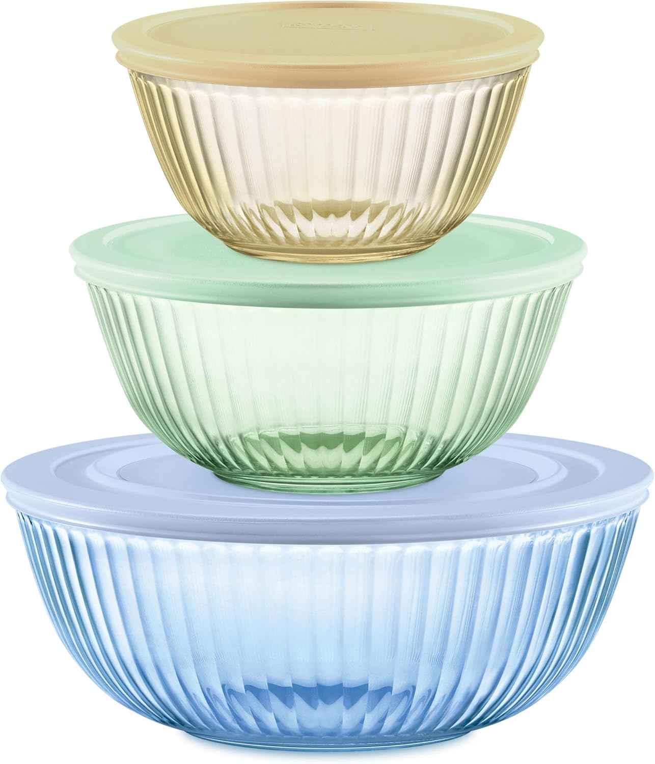 Pyrex Colors Tinted (3-Pack, Full Set) Sculpted Tinted Glass Mixing Bowls With Plastic Lids, Nesting Space Saving Set of Bowls For Prepping and Baking, 1.3QT, 2.3QT & 4.5QT
