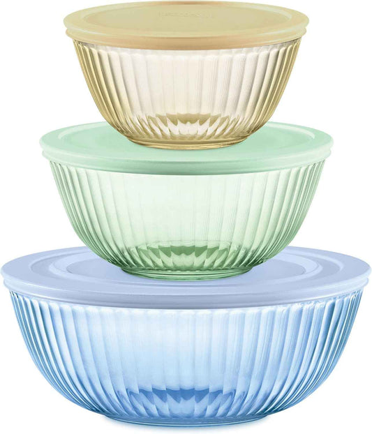 Pyrex Colors Tinted (3-Pack, Full Set) Sculpted Tinted Glass Mixing Bowls With Plastic Lids, Nesting Space Saving Set of Bowls For Prepping and Baking, 1.3QT, 2.3QT & 4.5QT