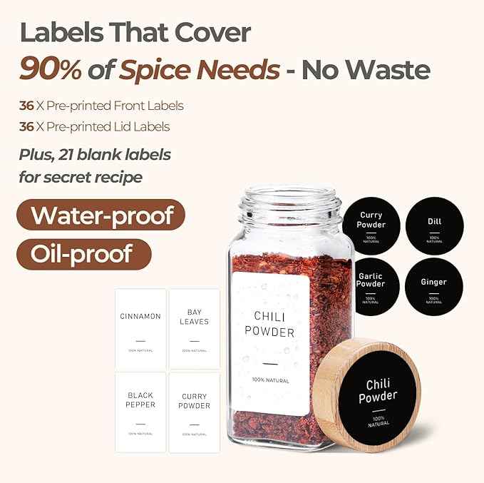 ComSaf Spice Jars with Label 4 oz 24Pcs, Glass Spice Jars with 6 Extra Shaker Inserts and 93 Labels, Seasoning Set with Bamboo Lids and Metal Funnel, Square Containers for Organization, Salt, Pepper