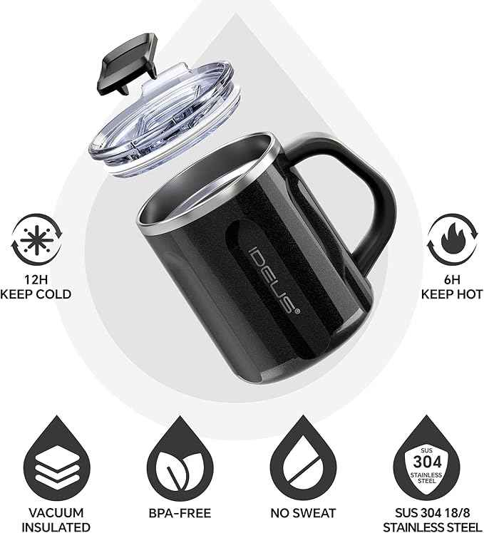 Ideus 16 oz Coffee Cup, Stainless Steel Coffee Travel Mug, Spill Proof Tea Mug with Handle and Lid, Lightweight and Durable, Great for Office Home and Outdoor Use, Black-FUJI FLOW
