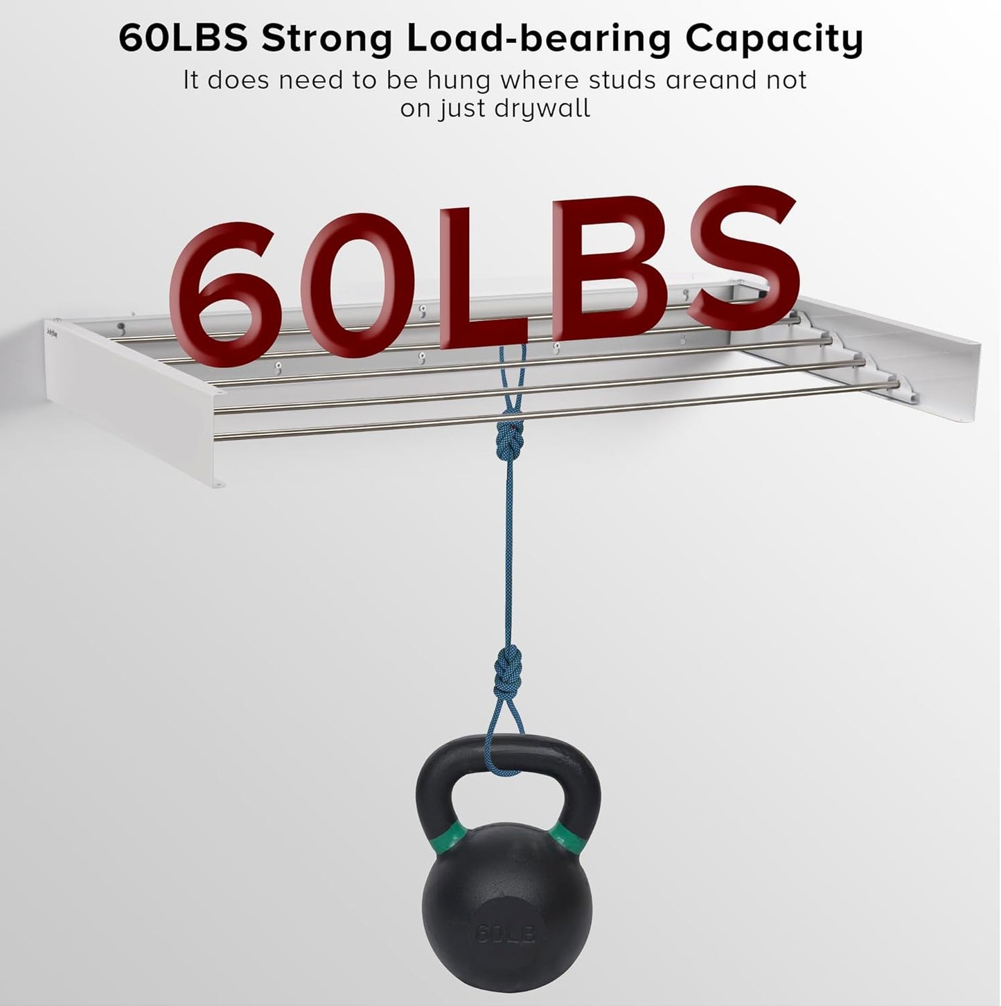 Wall Mounted Laundry Drying Rack, Retractable Clothes Drying Rack for Bathroom with Wall Template, 5 Stainless Rods Heaving 60 lb Capacity (White, 40")