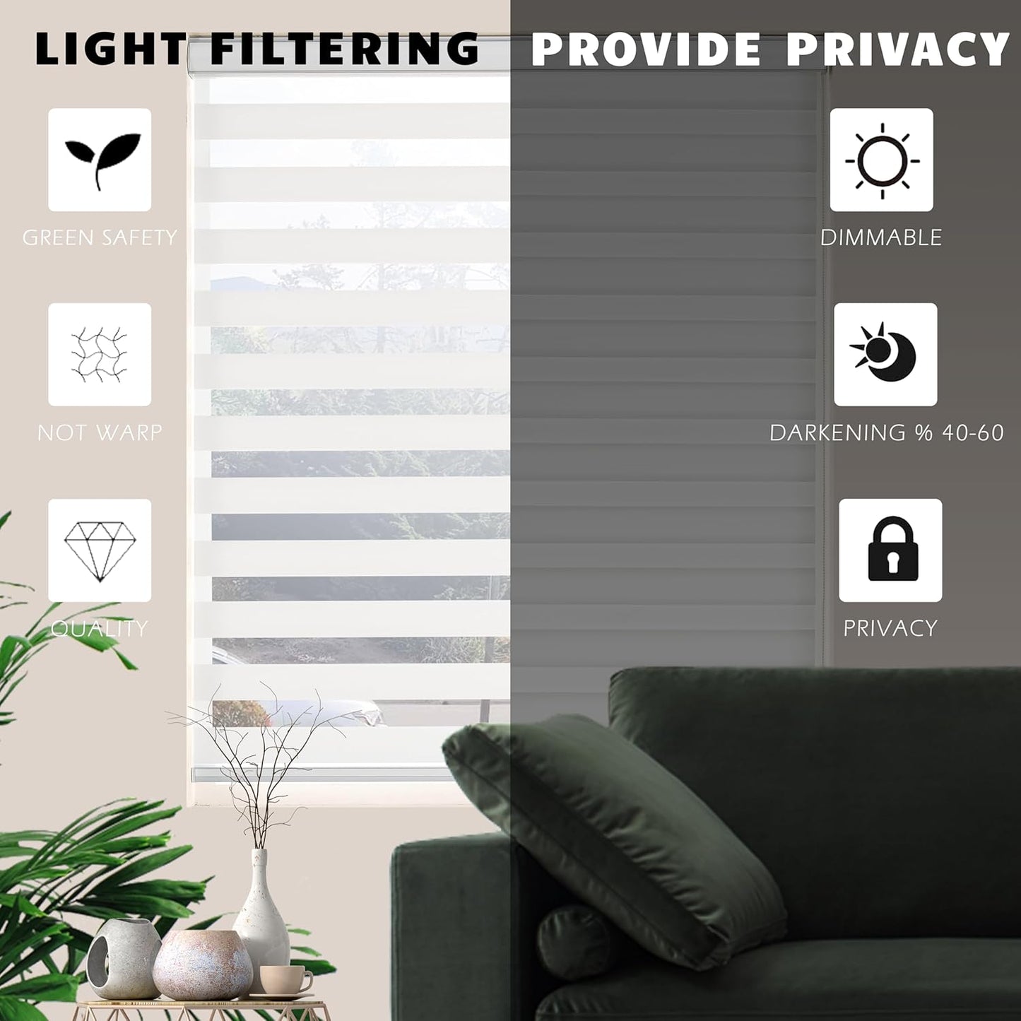 Zebra Roller Shades, Dual Layer Roll Up Blind for Living Room, Semi Sheer Shades Window Privacy Light Control for Day and Night, (Maximum Height 72inch, White Color, Width 34 inch)