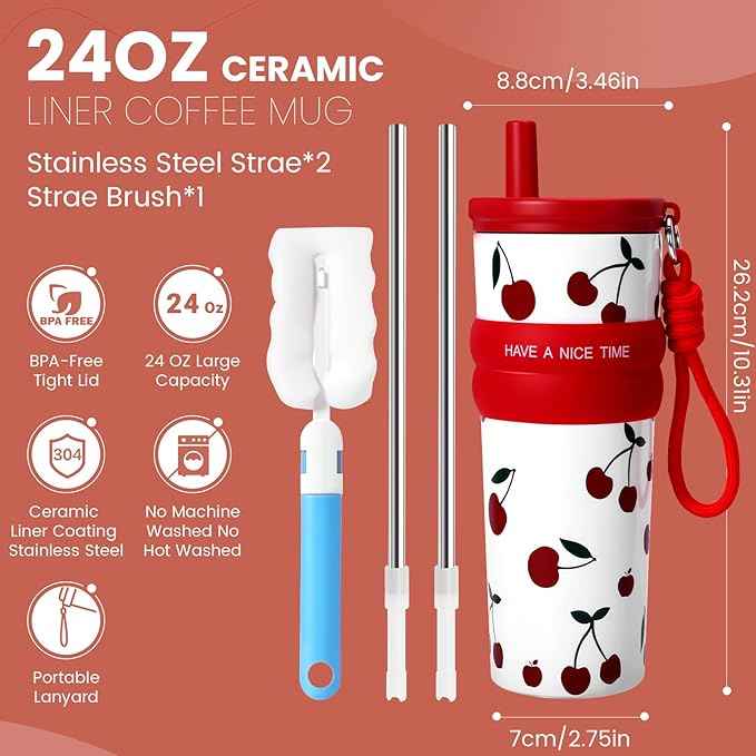 24 oz Stainless Steel Tumbler with Straw, Water Bottle Leak Proof for Hot and Cold, iced Insulated Coffee Travel Mug, Cherry Ceramic Lined Tumbler, Reusable Thermal Coffee Cup Gift for Women