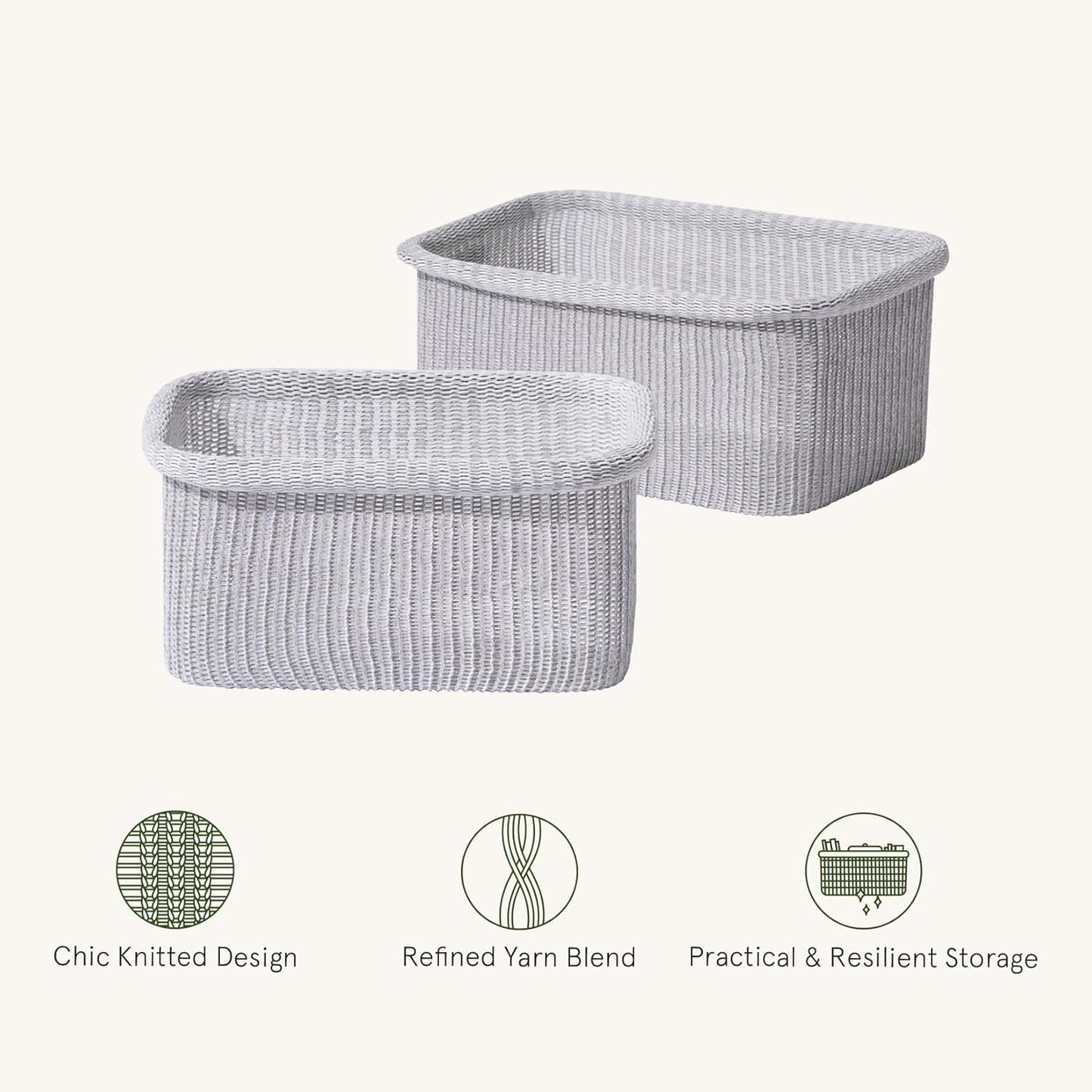 La Jolie Maison Blended Fabric Storage Baskets Set of 2, Rectangle Knitted Baskets for Organizing, Boho Decorative Baskets, Durable Finish, Grey