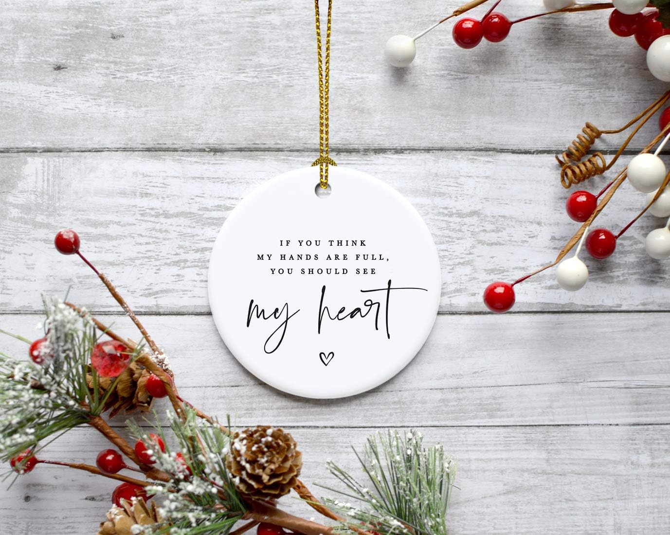 Andaz Press Round Ceramic Porcelain Christmas Tree Ornament for Teacher Thank You Graduation Gift, If You Think My Hands are Full, You Should See My Heart, Heart Graphic, 1-Pack Special Needs Autism