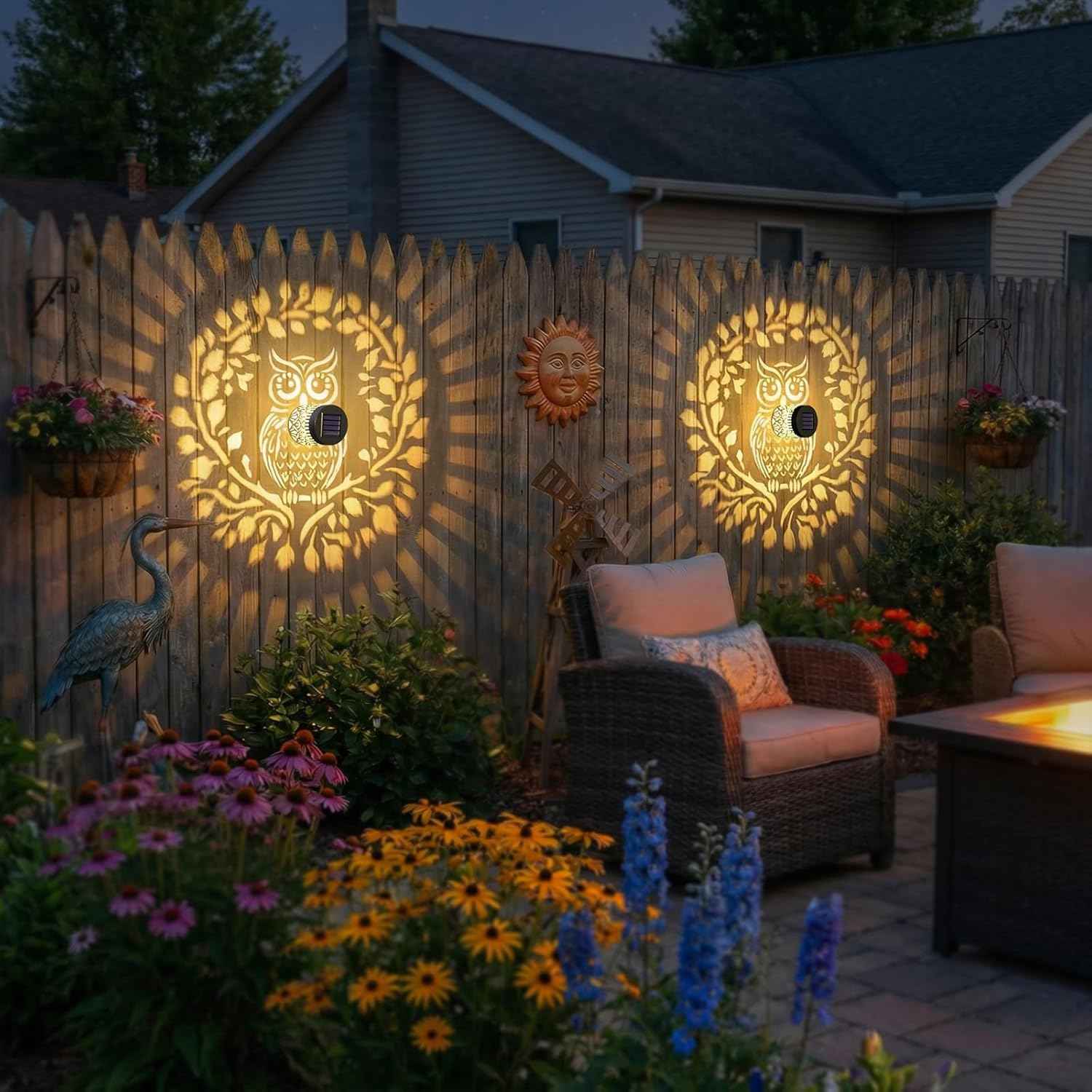 Solar Fence Lights Outdoor 2 Pack — Owl-Themed Metal Waterproof LED Warm Light for Garden, Patio & Yard (Black)