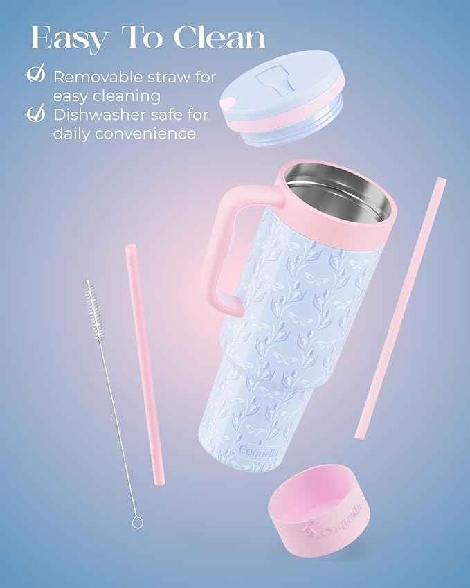 40 oz Insulated Tumbler with Handle and Push-Button Straw Lid, Stainless Steel Travel Cup for Gym Office, Leakproof, BPA-Free, Cup Holder Friendly, Bow Silicone Boot, Blue (Tulip Blue)