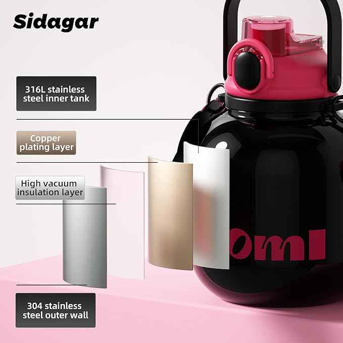 60 oz Big Gallon Water Bottle with Straw and Carry Handle, Black Wide Mouth Vacuum Water Jug, Insulated Stainless Steel Bottles; Heavy-Duty Aesthetic Yoga Flask for Women, Sweet & Cool Black