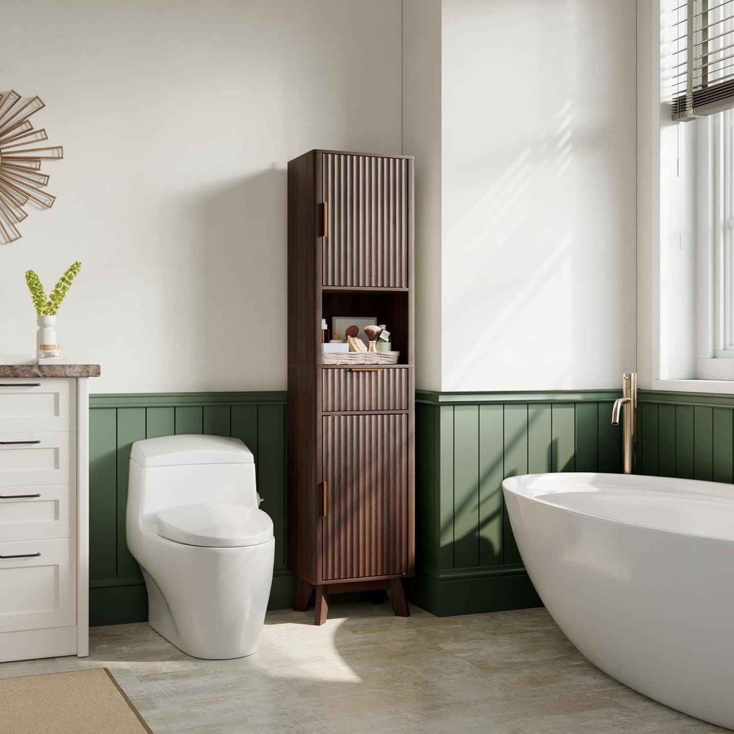 67" Tall Bathroom Storage Cabinet with Fluted Doors, Narrow Metal Cabinet with Fluted Doors and Drawer, Thin Cabinet with Open Countertop for for Bathroom, Living Room, Kitchen, Dining Room, Walnut
