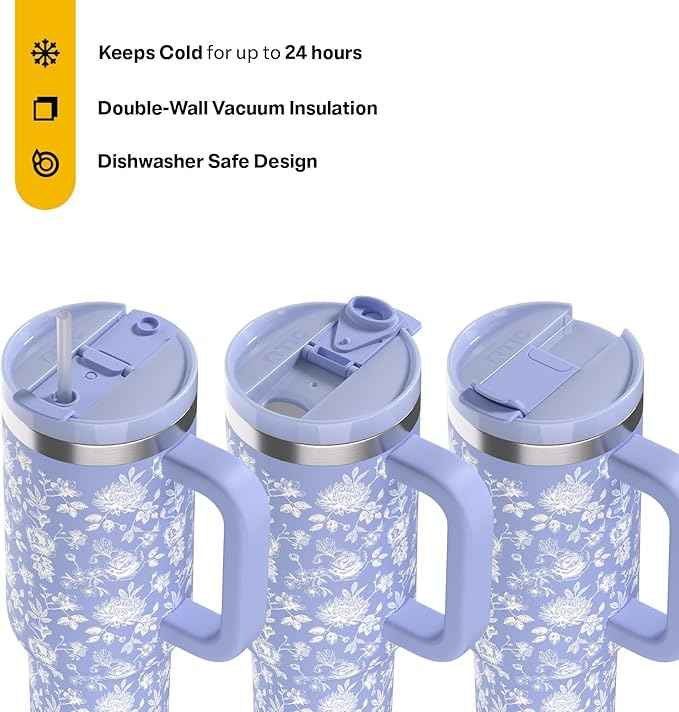 RTIC 40 oz Road Trip Tumbler Double-Walled Cermaic Lined Insulated Stainless Steel Portable Travel Coffee Mug Cup with Lid, Handle and Straw, Periwinkle Bouquet
