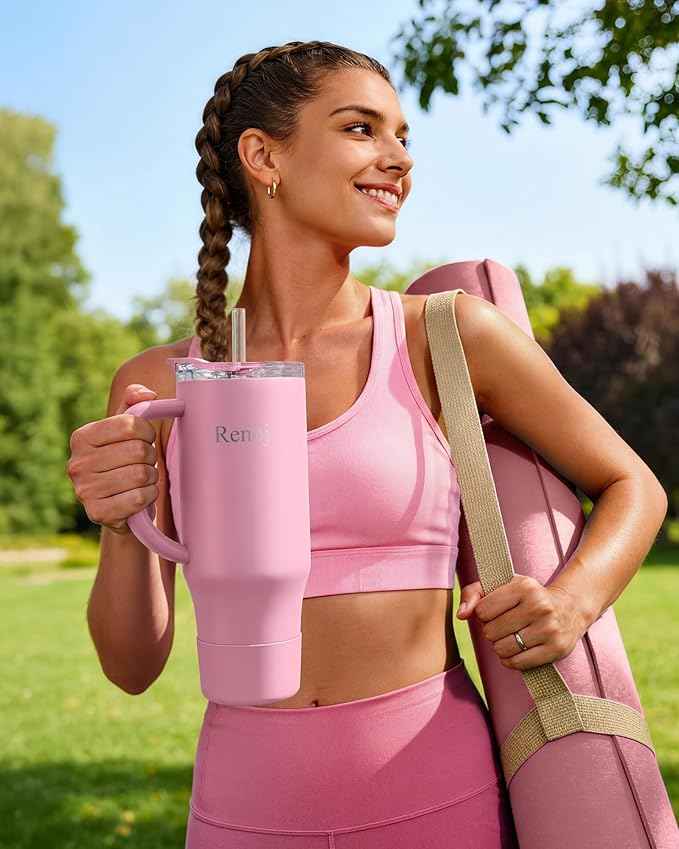 Renoj Insulated Mug 100% Leak Proof Insulated Water Bottle for Iced Coffee & Hot Drinks - Fits Car Cup Holder, Ideal Gift, 2 Straws & Silicone Boot - SnapShift Green Gradient 40 oz