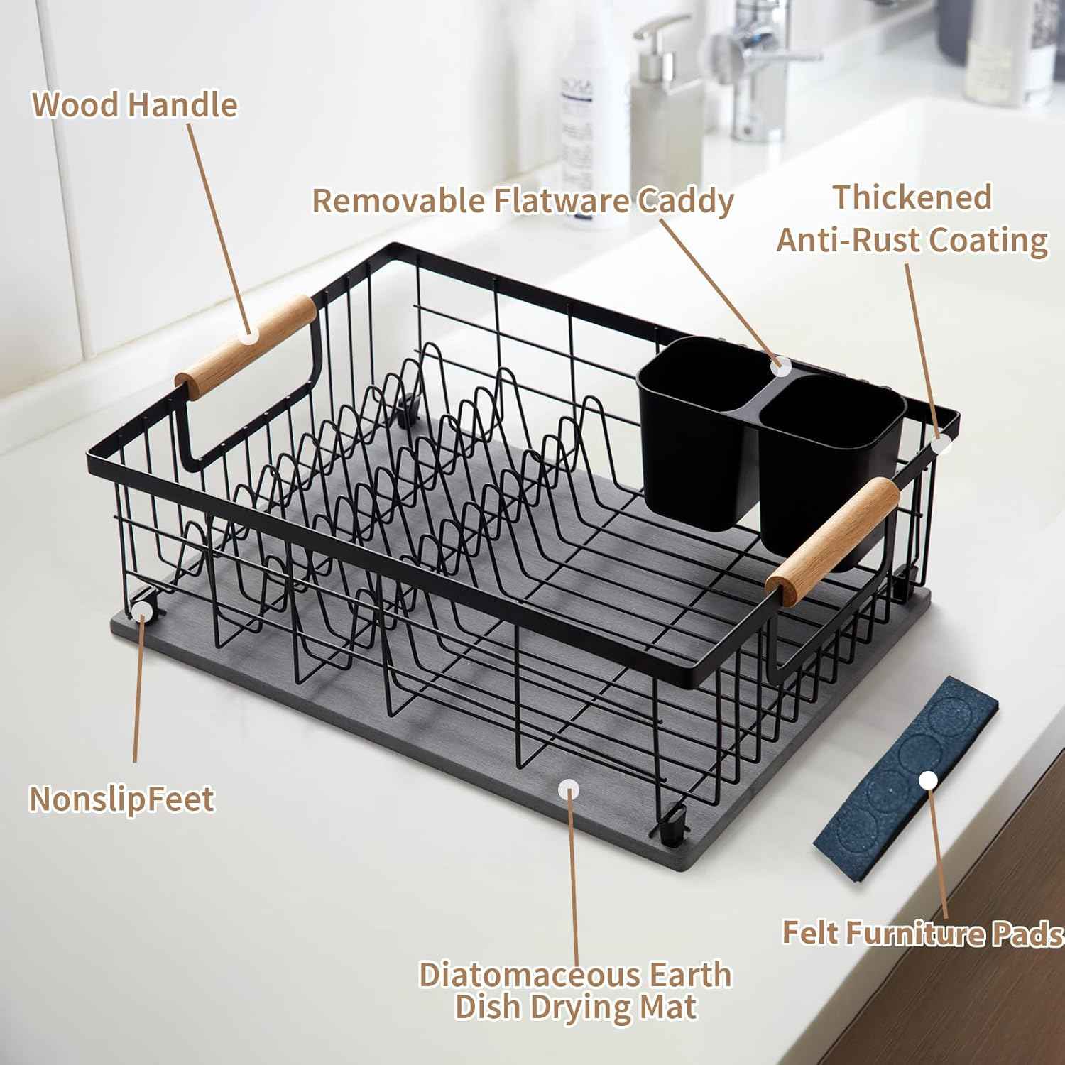 Dish Drying Rack with Stone Dish Drying Mat for Kitchen Counter, Dish Drainer with Diatomaceous Earth Quick Dry Mat, Organization and Storage Essentials with Cup & Cutlery Holders
