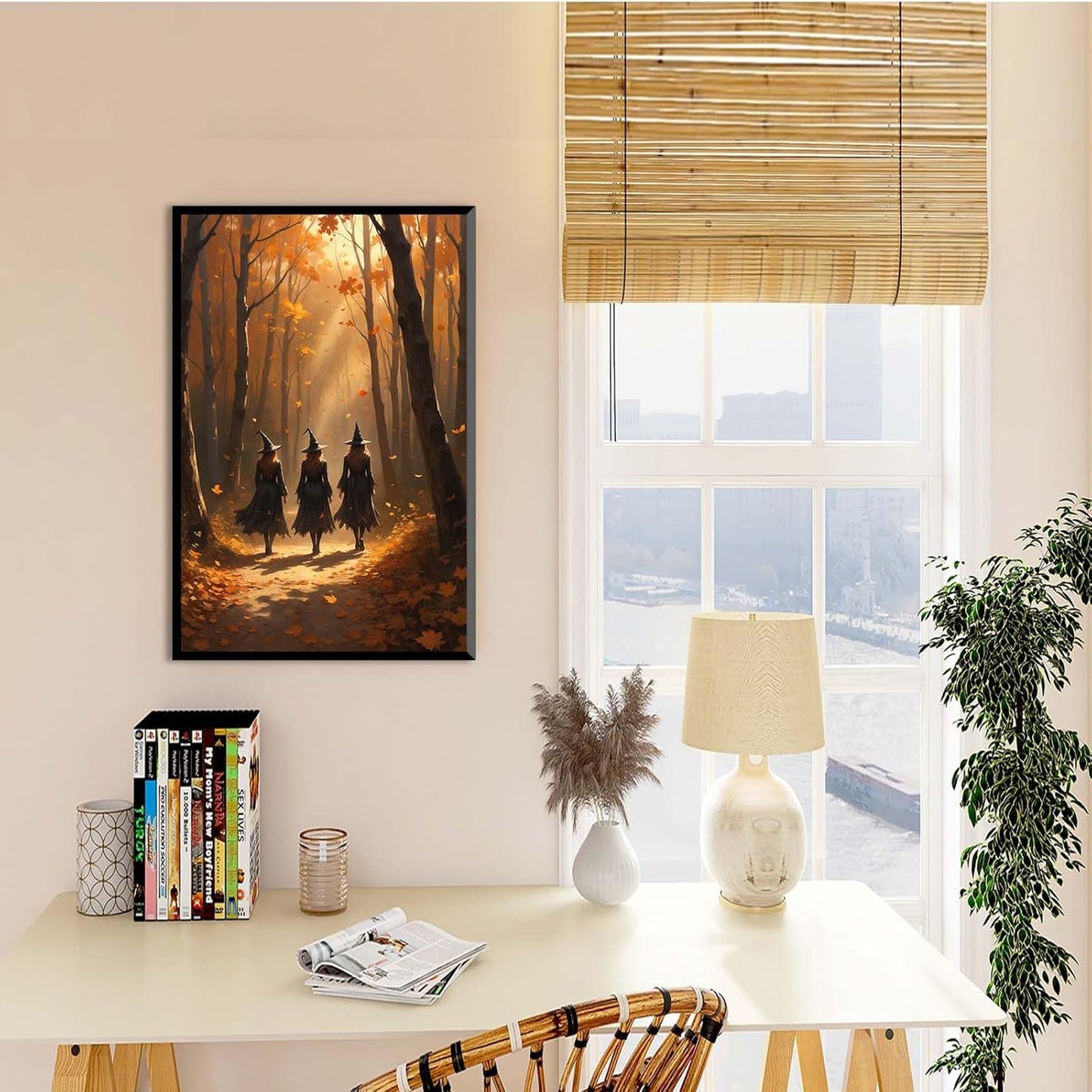 JFHCQJPK Three witches walking in the forest in autumn canvas painting gothic poster halloween print country witch wall art for home decoration12x16in Metal blackFramed