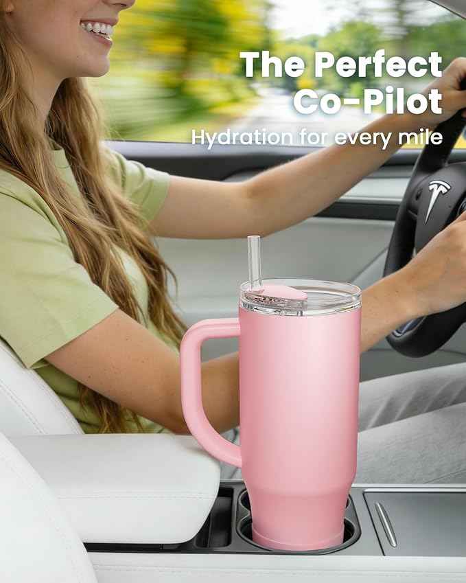 Renoj Insulated Mug 100% Spill Resistant Insulated Water Bottle for Iced Coffee & Hot Drinks - Fits Car Cup Holder, Ideal Gift, 2 Straws & Silicone Boot - FlexSlide Pink 40 oz