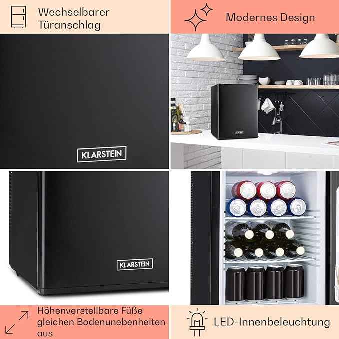Klarstein Happy Hour – Mini bar, réfrigérateur à boissons, Compression, température de refroidissement : 5-15 °C, classe d'efficacité énergétique A, silencieux : 0 dB, lumière LED, 37 L, Noir