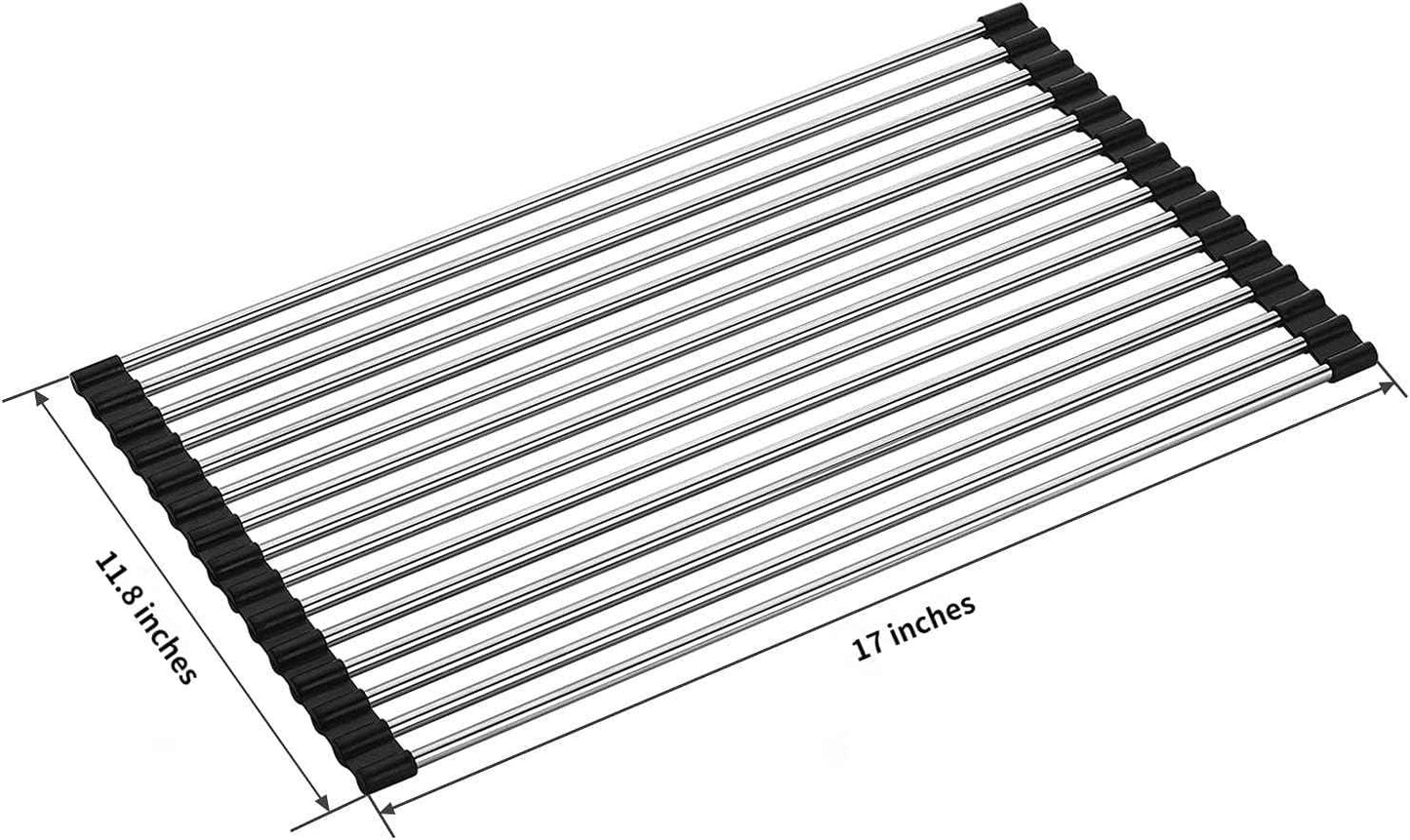 Roll up Dish Drying Rack RV Folding Over Sink 304 Stainless Steel in Kitchen Dish Drainer Heat Resistant Mat Multipurpose Portable Dish Trainer,Black,17x12inches