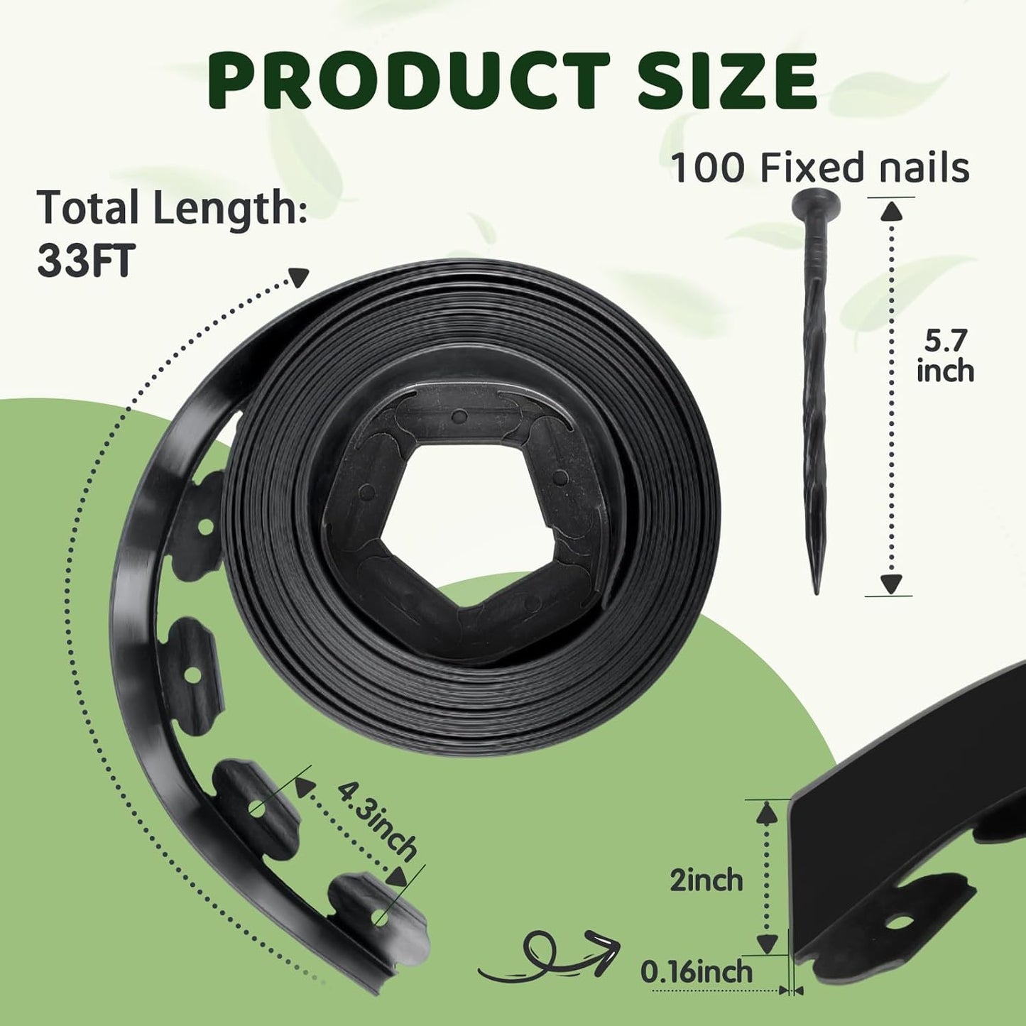 Landscape Edging - 2 Inch x 33FT Garden Border with 100 PCS Spikes, Plastic Lawn Edging for Flower Bed, Pathway and Yard(Black)