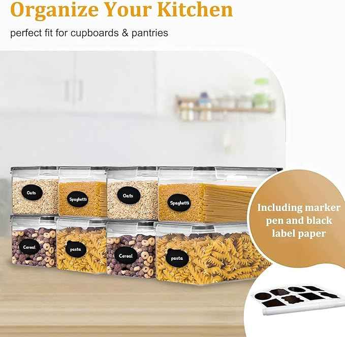 8PCS 3.2L/108 OZ Airtight Food Storage Containers with Lids, Plastic Spaghetti Canisters for Pasta organizer, BPA Free Air Tight Kitchen Pantry Organization