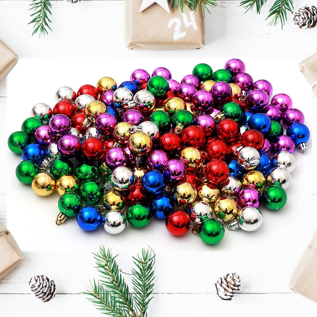 144 PCS/1.18 inch Christmas Tree Ornaments, Christmas Ball Decoration Set Color Mixing（Red Green Gold Blue Purple Silver） Christmas Ball Shatterproof Hanging Tree Ornament Set