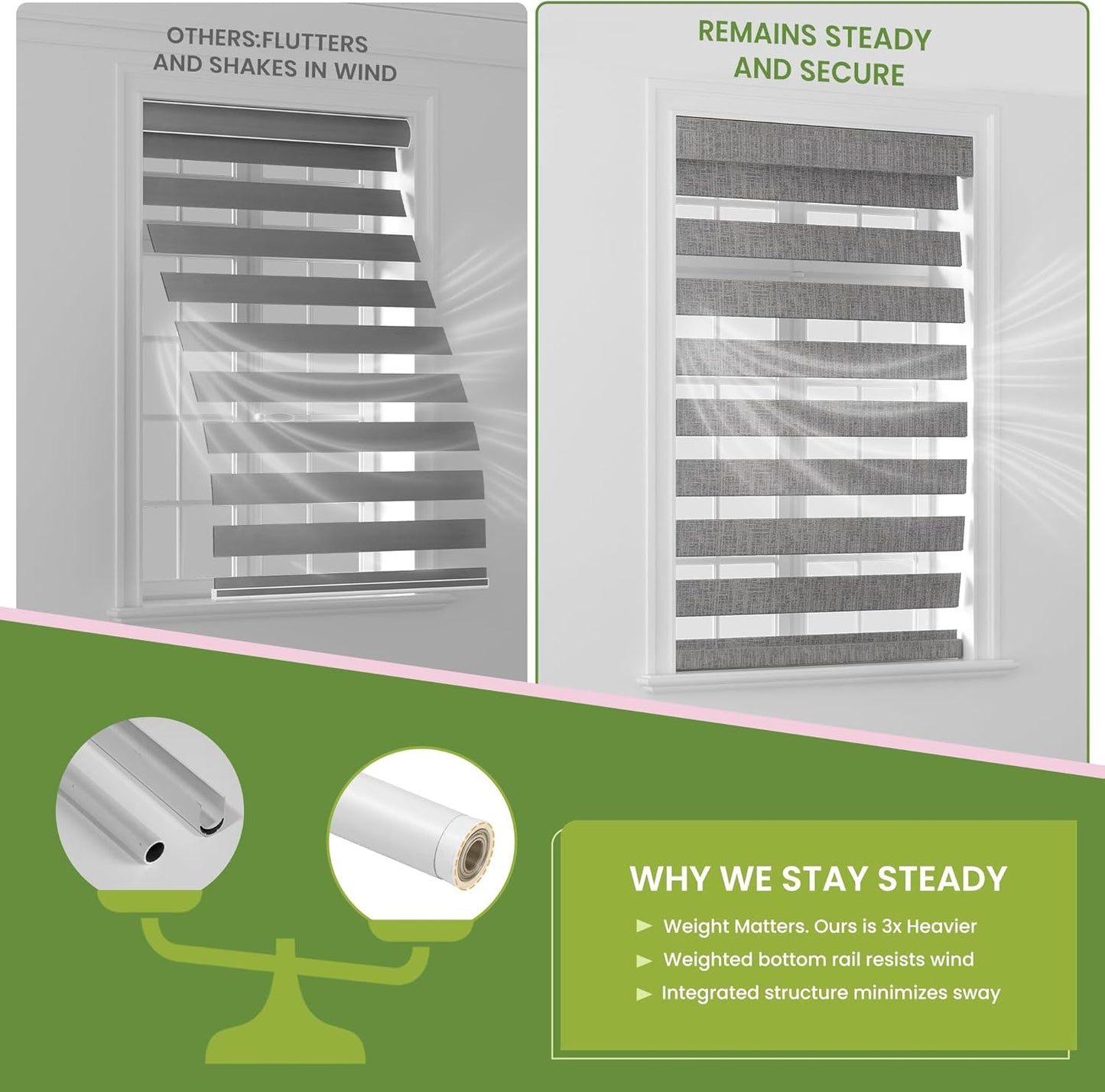 Cordless Zebra Blinds for Windows -Customizable Dual Layer Light Control Zebra Shades, Light Filtering & Blackout Window Blinds, Easy Install Zebra Blind for Home, Grey, 21" W x 72" H